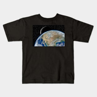 Planet Earth and Moon against dark starry sky Kids T-Shirt